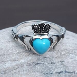 Sz 9 JMH Ireland Claddagh Ring Sterling Silver Sleeping Beauty Turquoise Heart